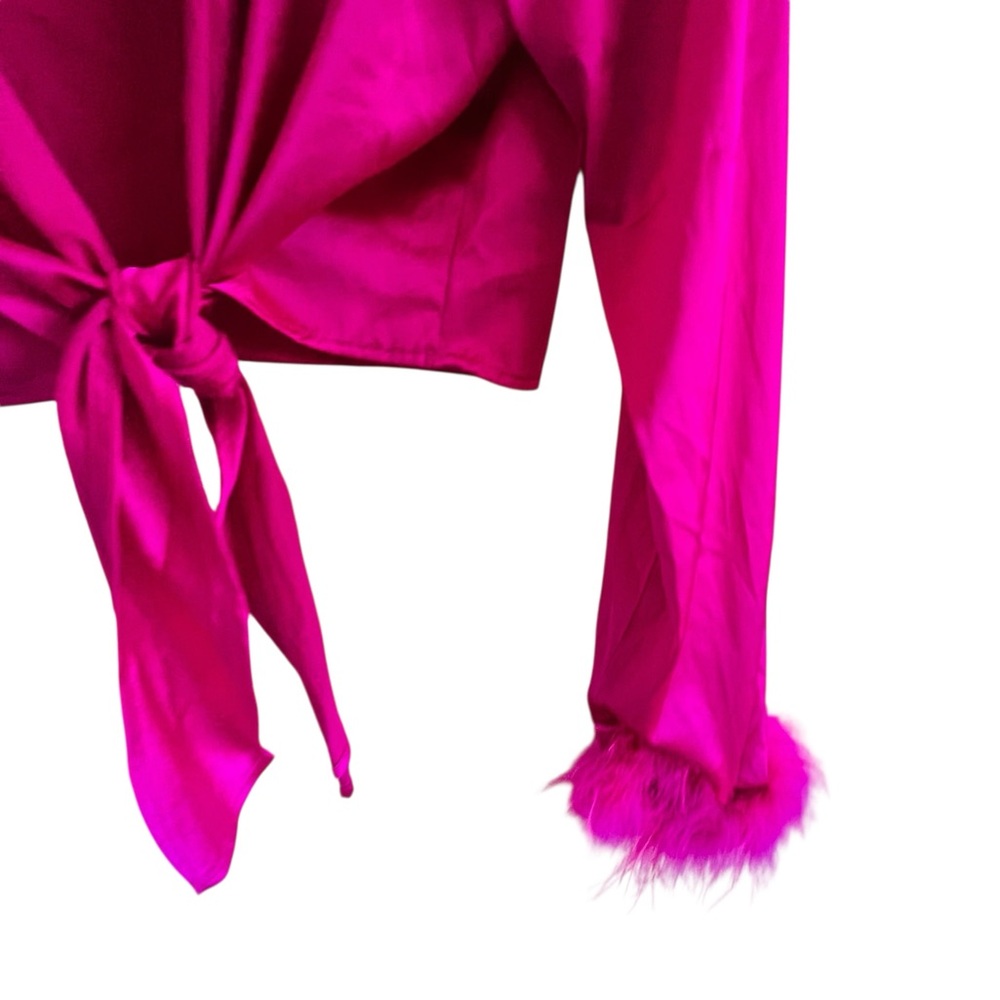 Vici Fuchsia Blouse with Tie-Front and Feather Cuffs - Picture 2 of 5